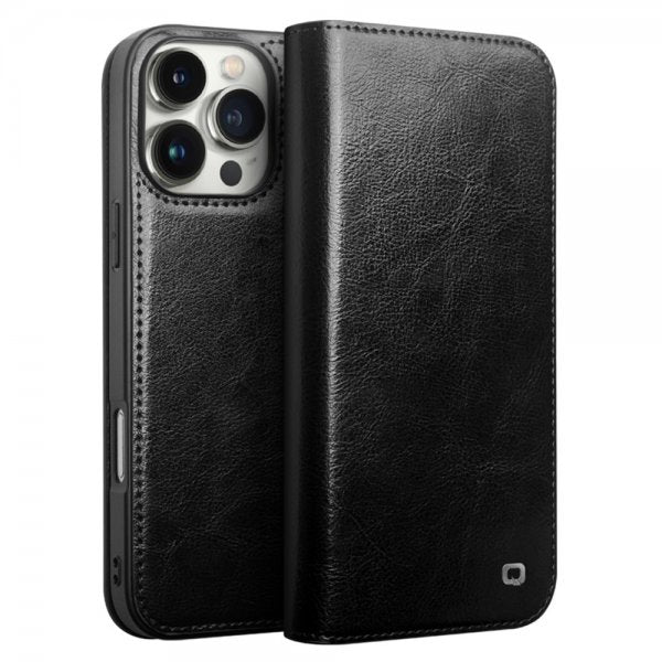 Qialino iPhone 16 Pro -kotelo, aitoa nahkaa, musta