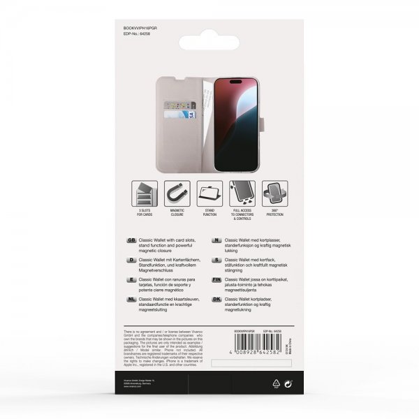 Vivanco iPhone 16 Pro -suojakuori Classic Wallet Greige