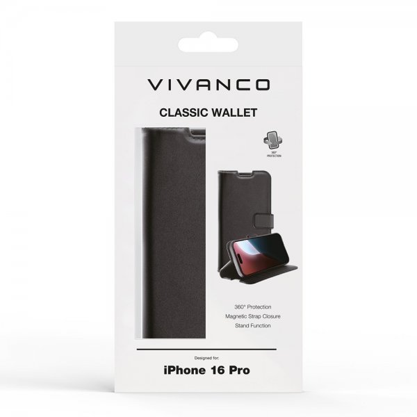 Vivanco iPhone 16 Pro Classic Wallet -suojakotelo, musta