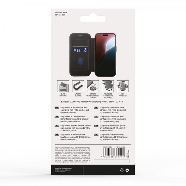 Vivanco iPhone 16 Pro -kotelo Mag Wallet Musta