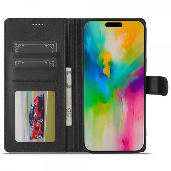 Lc.Imeeke iPhone 16 Pro -kotelo korttipaikalla, jalustatoiminnolla, musta