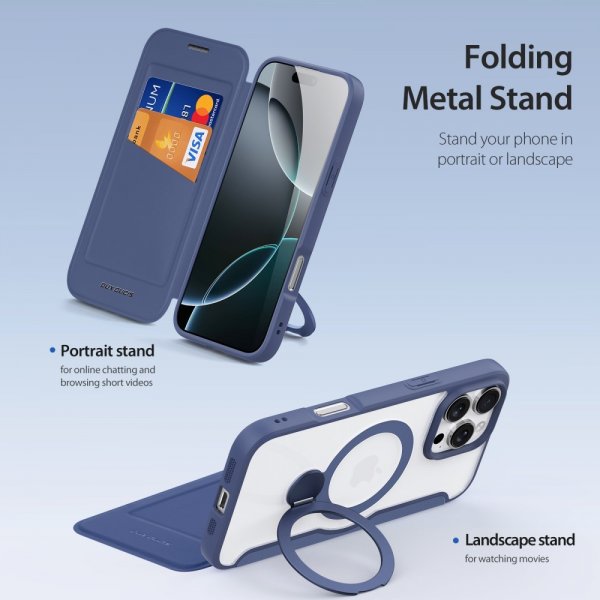 Dux Ducis iPhone 16 Pro -suojakuori Skin X Pro Series -jalustalla ja MagSafella, sininen