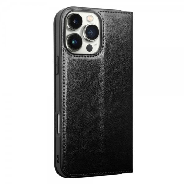 Qialino iPhone 16 Pro Max -kotelo, aitoa nahkaa, musta