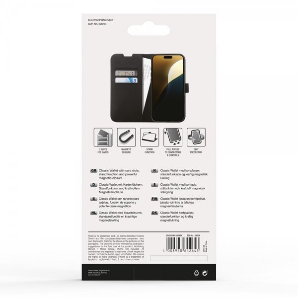 Vivanco iPhone 16 Pro Max -kotelo, Classic Wallet, musta