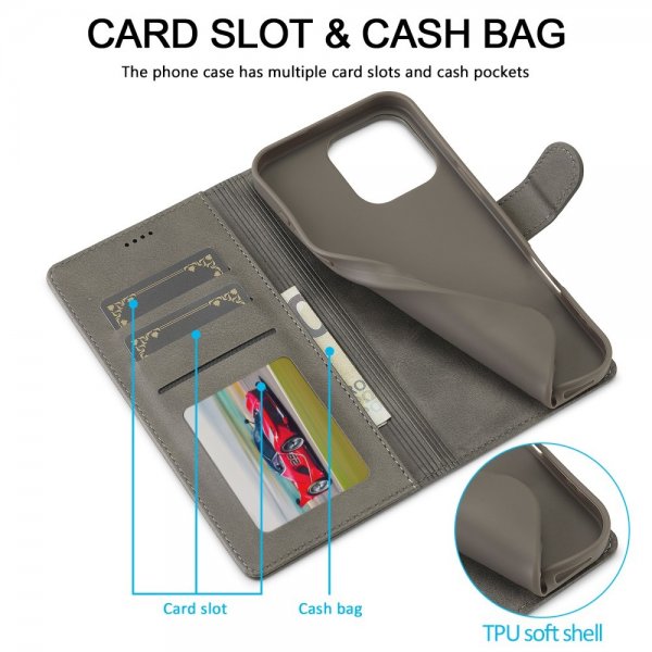 Lc.Imeeke iPhone 16 Pro Max -suojakuori korttipidikkeellä ja jalustatoiminnolla, harmaa