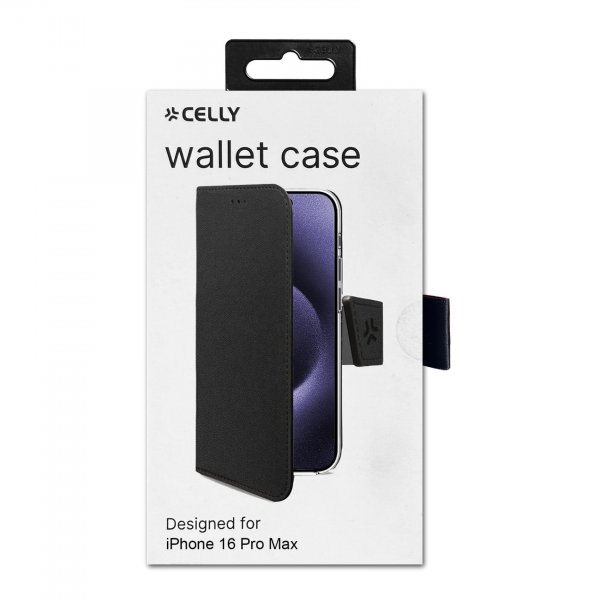Celly iPhone 16 Pro Max -suojakotelo Wally Wallet Case, musta