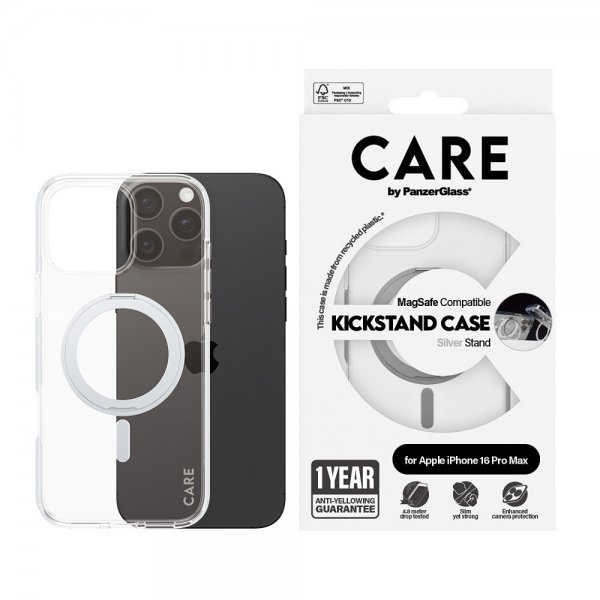 CARE by PanzerGlass iPhone 16 Pro Max -suojakuori Kickstand MagSafe, hopea