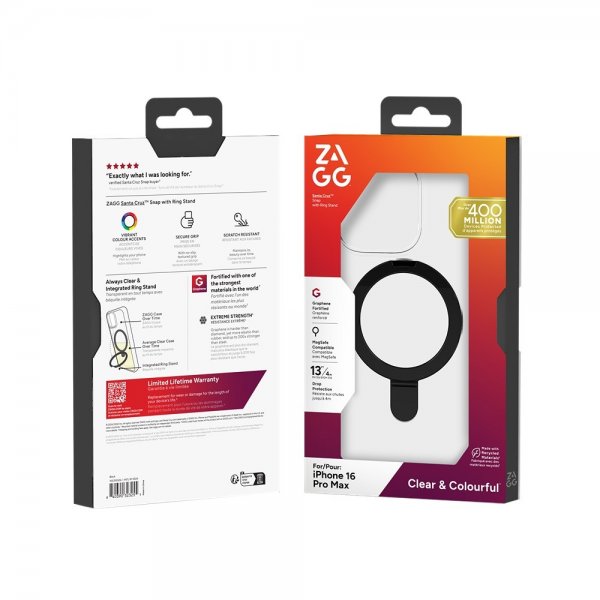 ZAGG iPhone 16 Pro Max -kuori, Santa Cruz Snap Ring Stand, musta