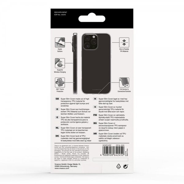 Vivanco iPhone 16 Pro Max -suojakuori Super Slim, läpinäkyvä