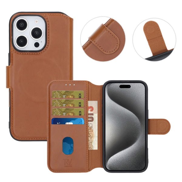 Rvelon iPhone 16 Pro -kuori, 4 korttipaikkaa, MagSafe, ruskea
