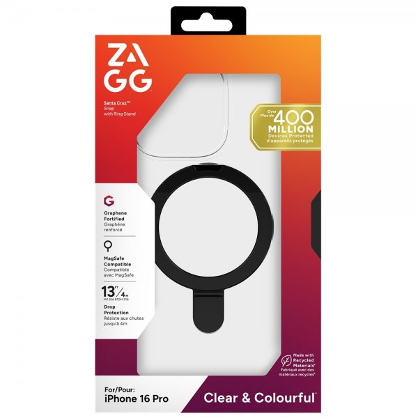 ZAGG iPhone 16 Pro -kuori, Santa Cruz Snap Ring Stand, musta