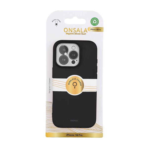 Onsala iPhone 16 Pro -kuori silikonituntumalla, musta
