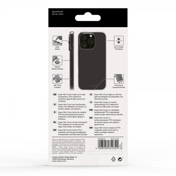 Vivanco iPhone 16 Pro Super Slim -suojakuori, läpinäkyvä