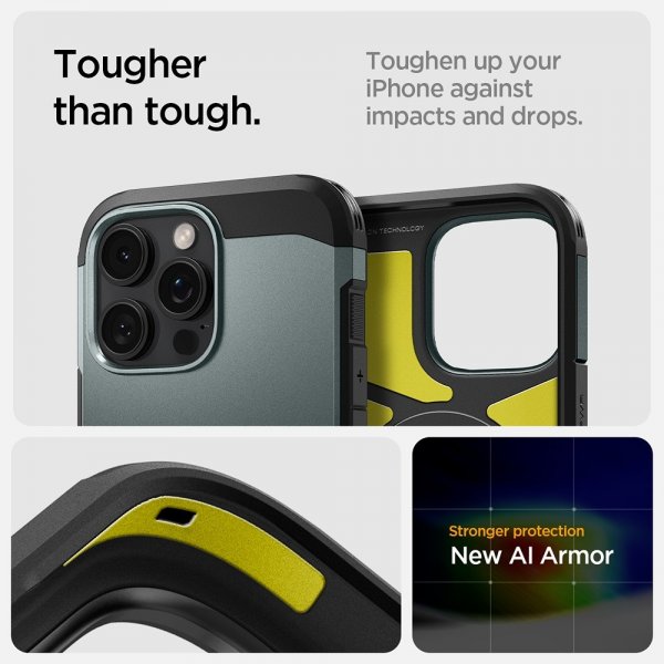 Spigen iPhone 16 Pro -kuori, Tough Armor MagFit Abyss Green