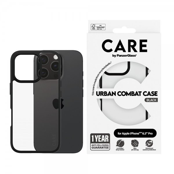 CARE by PanzerGlass iPhone 16 Pro Urban Combat -kuori, musta