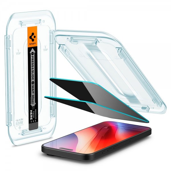 Spigen iPhone 16 Pro/iPhone 17/17 Pro -näytönsuoja GLAS.tR EZ Fit Privacy 2-pack
