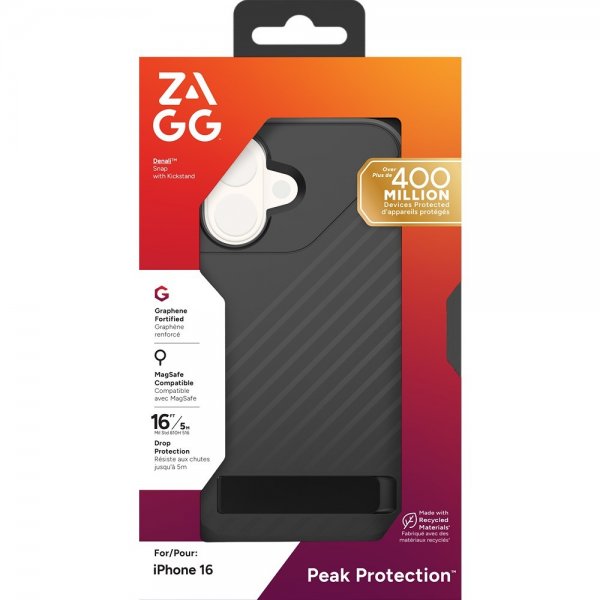 ZAGG iPhone 16 -suojakuori Denali Snap Kickstand Musta