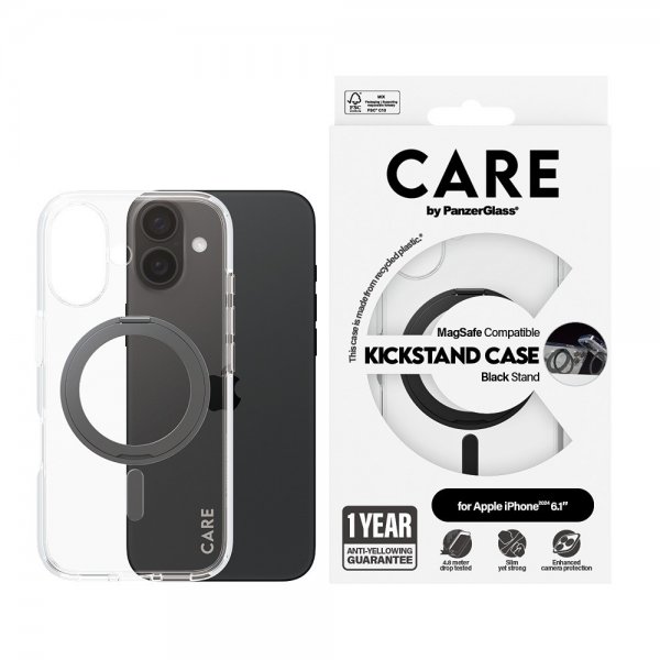 CARE by PanzerGlass iPhone 16 -suojakuori jalustalla MagSafe, musta