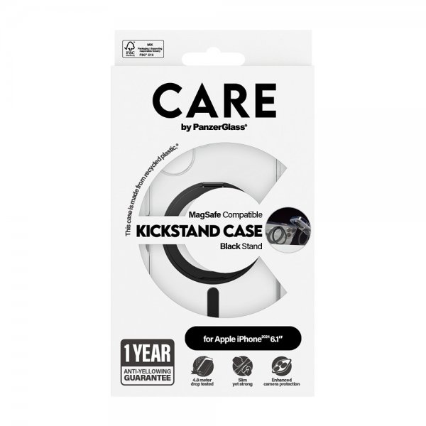CARE by PanzerGlass iPhone 16 -suojakuori jalustalla MagSafe, musta