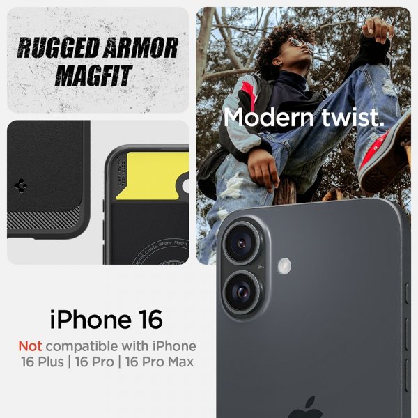Spigen iPhone 16 -suojakuori Rugged Armor MagFit Matte Black