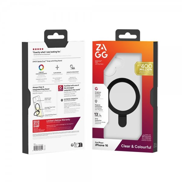 ZAGG iPhone 16 -suojakuori Santa Cruz Snap Ring Stand, musta