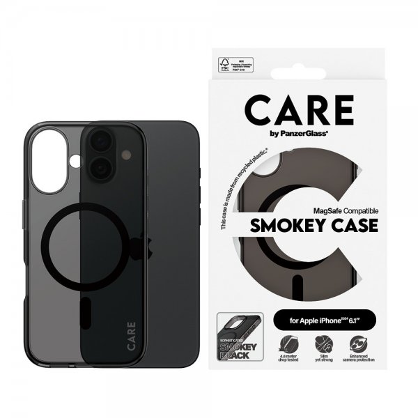 CARE by PanzerGlass iPhone 16 -suojakuori Smokey MagSafe, musta