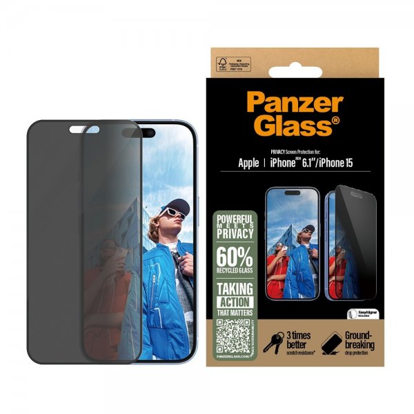 PanzerGlass iPhone 15/iPhone 16 -näytönsuoja Ultra-Wide Fit Privacy EasyAligner