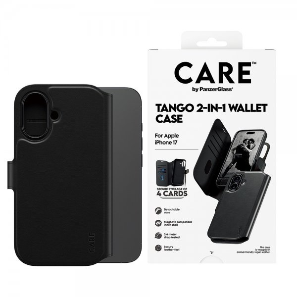 CARE by PanzerGlass iPhone 17 -suojakotelo Tango Two-in-One Wallet MagSafe, musta