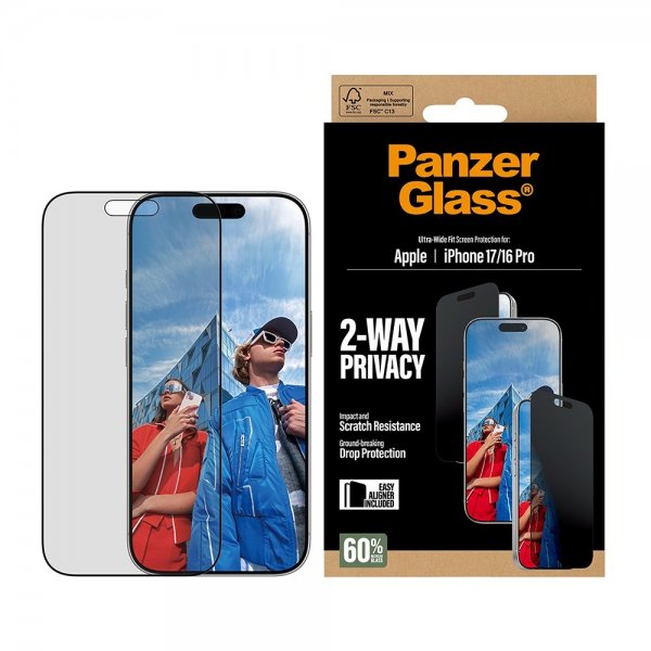 PanzerGlass iPhone 17/iPhone 16 Pro Näytönsuoja Ultra-Wide Fit Privacy EasyAligner