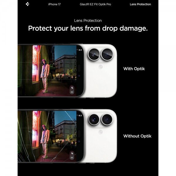 Spigen iPhone 17 -kameran suojalasi GLAS.tR EZ Fit Optik Pro, 2 kpl, hopea