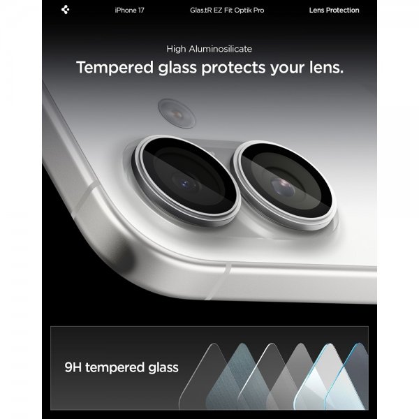 Spigen iPhone 17 -kameran suojalasi GLAS.tR EZ Fit Optik Pro, 2 kpl, hopea