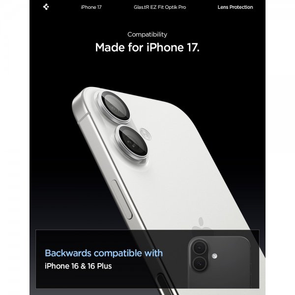 Spigen iPhone 17 -kameran suojalasi GLAS.tR EZ Fit Optik Pro, 2 kpl, hopea