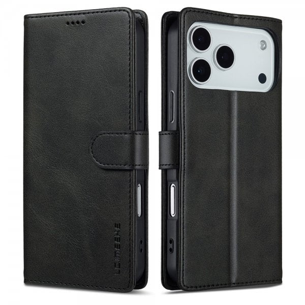 Lc.Imeeke iPhone 17 Pro Max suojakotelo, jossa korttipaikka ja jalusta, musta