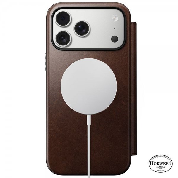 Nomad iPhone 17 Pro Max -suojakotelo, Modern Leather Folio, Horween Rustic Brown