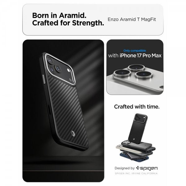 Spigen iPhone 17 Pro Max -kuori Enzo Aramid T MagFit musta hopea