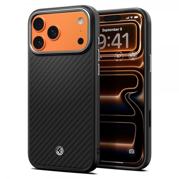 Spigen iPhone 17 Pro Max -kuori Enzo Aramid T MagFit musta hopea