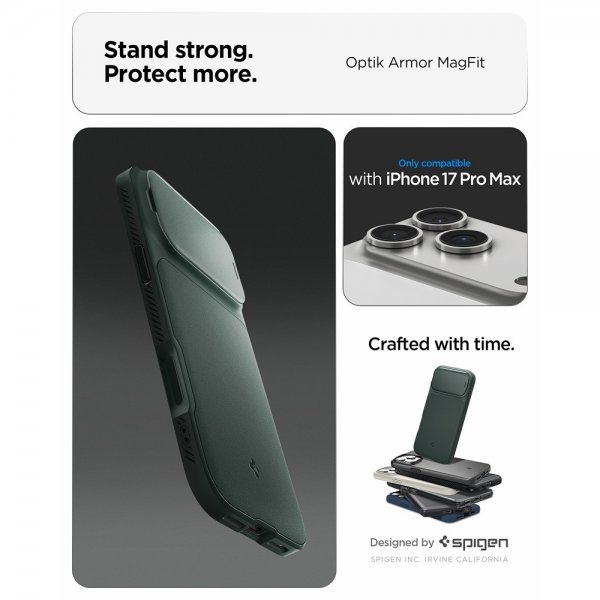 Spigen iPhone 17 Pro Max -kuori Optik Armor MagFit Abyss Green