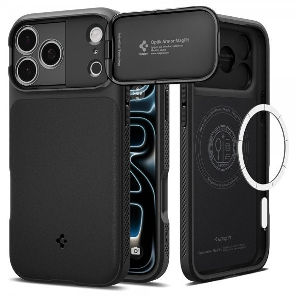 Spigen iPhone 17 Pro Max -kuori Optik Armor MagFit Musta