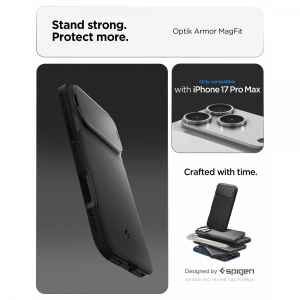 Spigen iPhone 17 Pro Max -kuori Optik Armor MagFit Musta