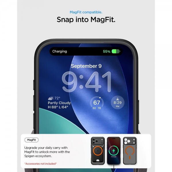 Spigen iPhone 17 Pro Max -kuori Ultra Hybrid MagFit Frost Black Orange