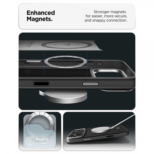 Spigen iPhone 17 Pro -kuori Enzo Aramid T MagFit musta hopea