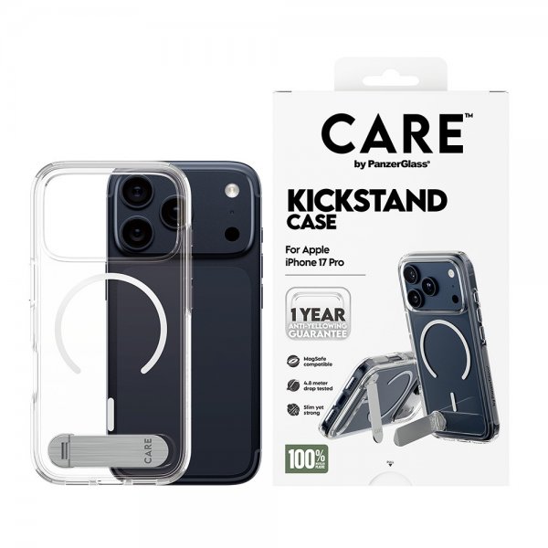 CARE by PanzerGlass iPhone 17 Pro -suojakuori jalustalla MagSafe Läpinäkyvä