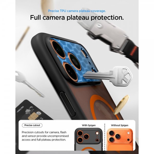 Spigen iPhone 17 Pro -suojakuori Ultra Hybrid MagFit Frost Black Orange