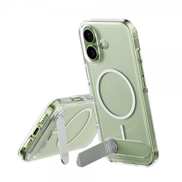 CARE by PanzerGlass iPhone 17 -kuori, tukijalka, MagSafe, läpinäkyvä
