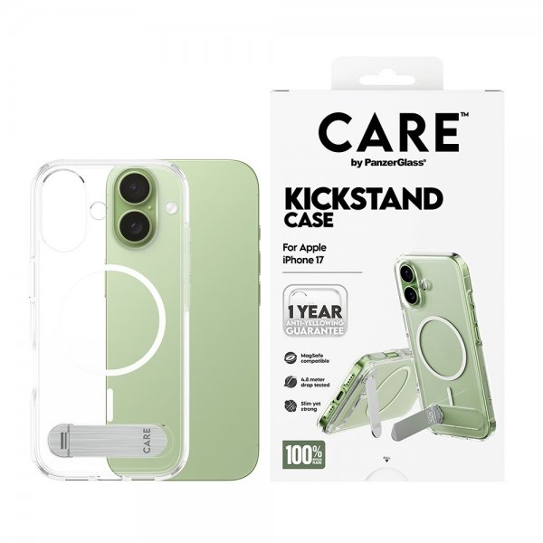 CARE by PanzerGlass iPhone 17 -kuori, tukijalka, MagSafe, läpinäkyvä