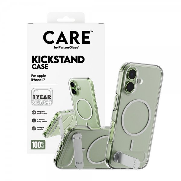 CARE by PanzerGlass iPhone 17 -kuori, tukijalka, MagSafe, läpinäkyvä
