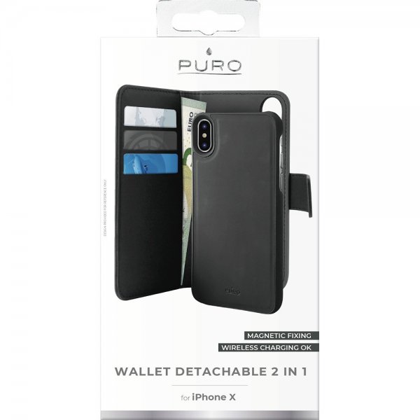 Puro iPhone X/Xs -lompakkokotelo, irrotettava 2-in-1, musta