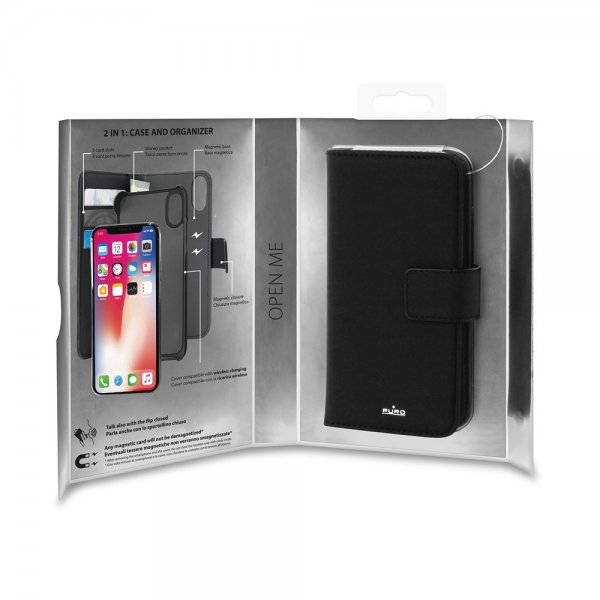 Puro iPhone X/Xs -lompakkokotelo, irrotettava 2-in-1, musta