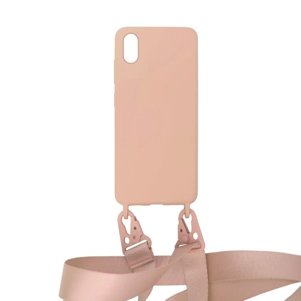 iPhone Xs Max Silikonkuori kaulanauhalla, vaaleanpunainen