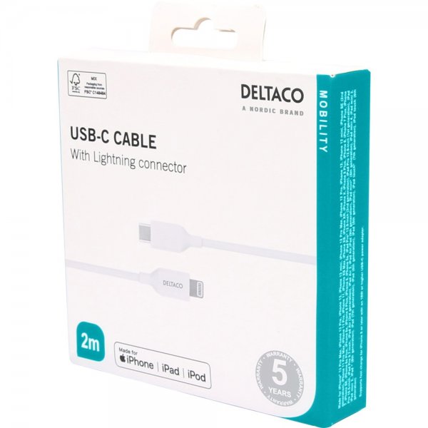 Deltaco-kaapeli USB-C–Lightning-liitin 2 m, valkoinen